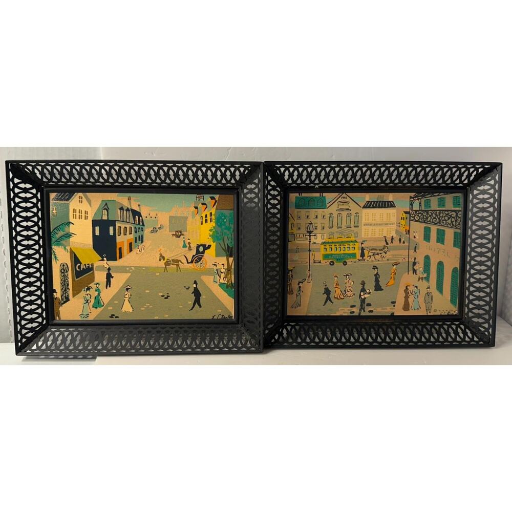 Lot of 4 F.L. Benton Lithographs Street Scene V.A.P. Co. Framed Cork 1950s